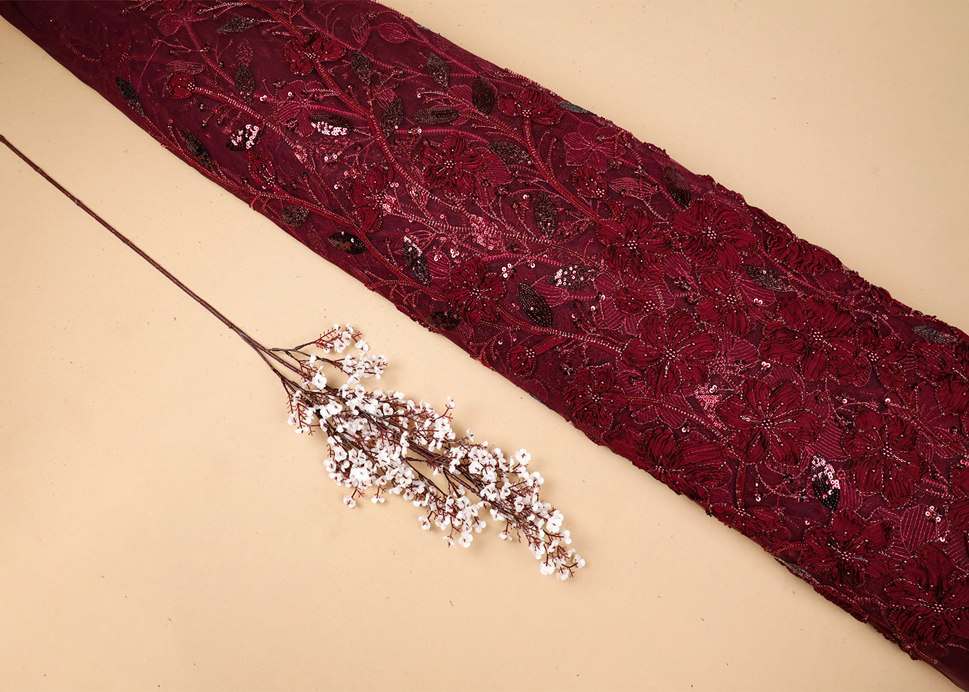 Maroon Imported Net Fabric With All Over Bead, Katdana And Applique Work 16684