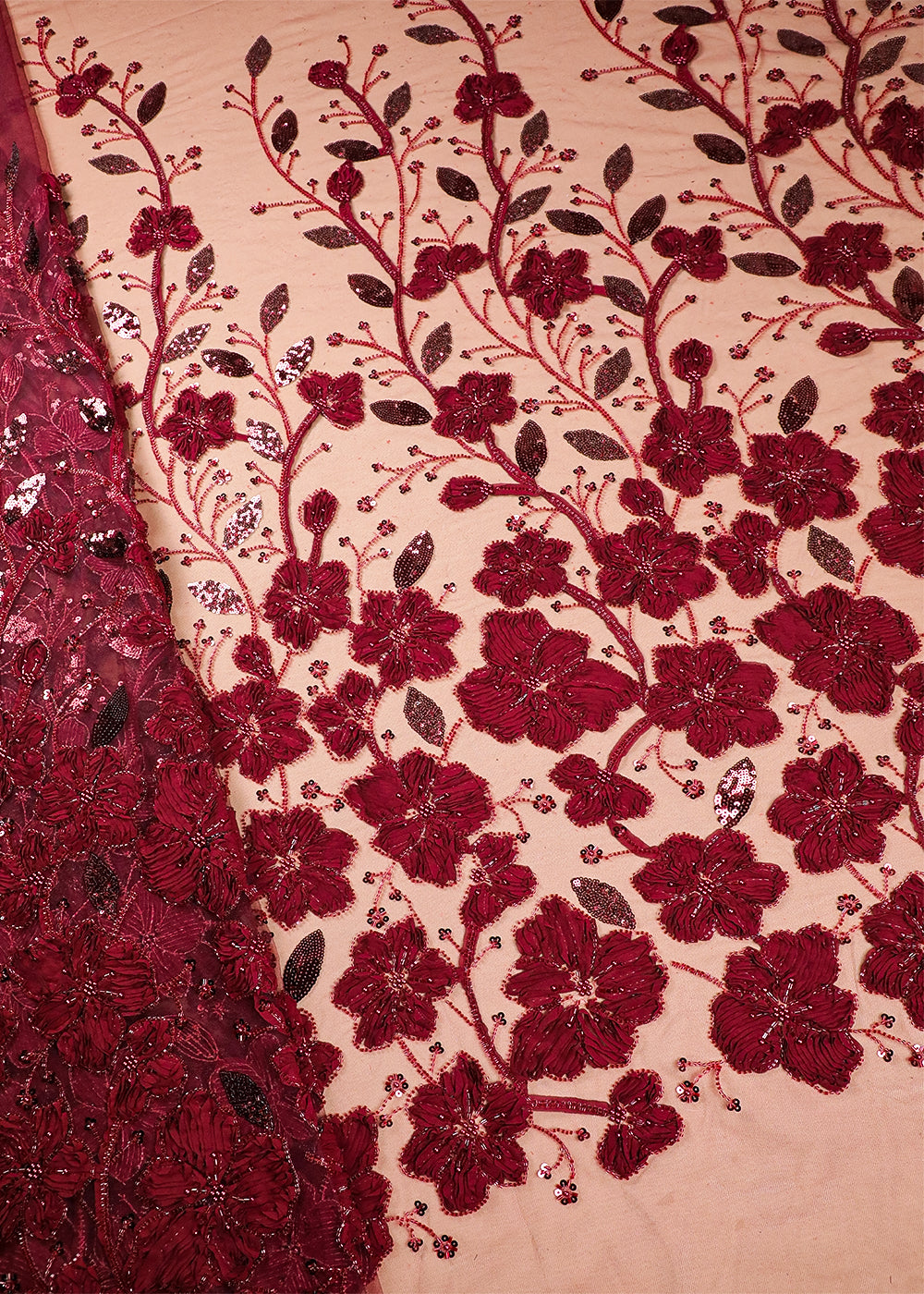 Maroon Imported Net Fabric With All Over Bead, Katdana And Applique Work 16684