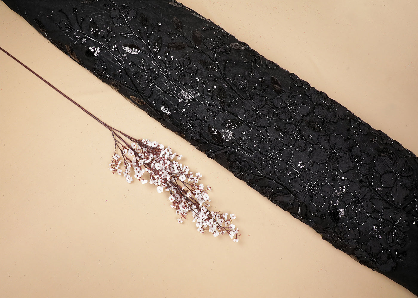Black Imported Net Fabric With All Over Bead, Katdana And Applique Work 16685