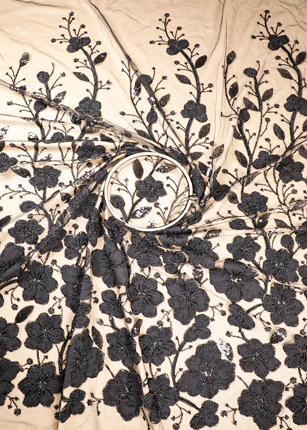 Black Imported Net Fabric With All Over Bead, Katdana And Applique Work 16685