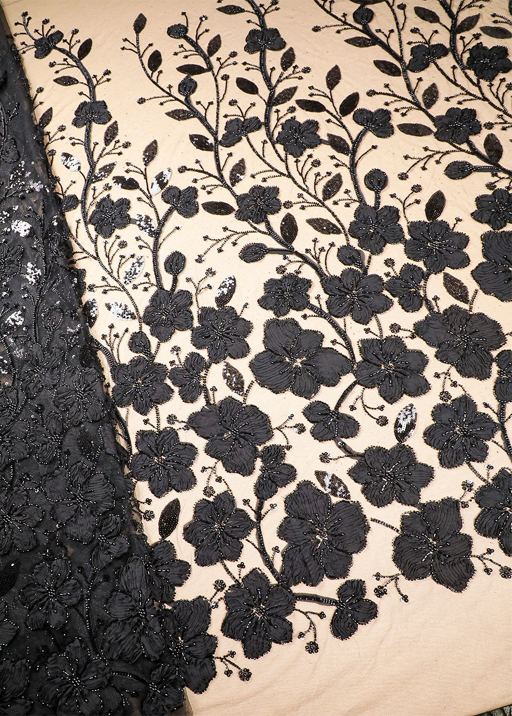 Black Imported Net Fabric With All Over Bead, Katdana And Applique Work 16685