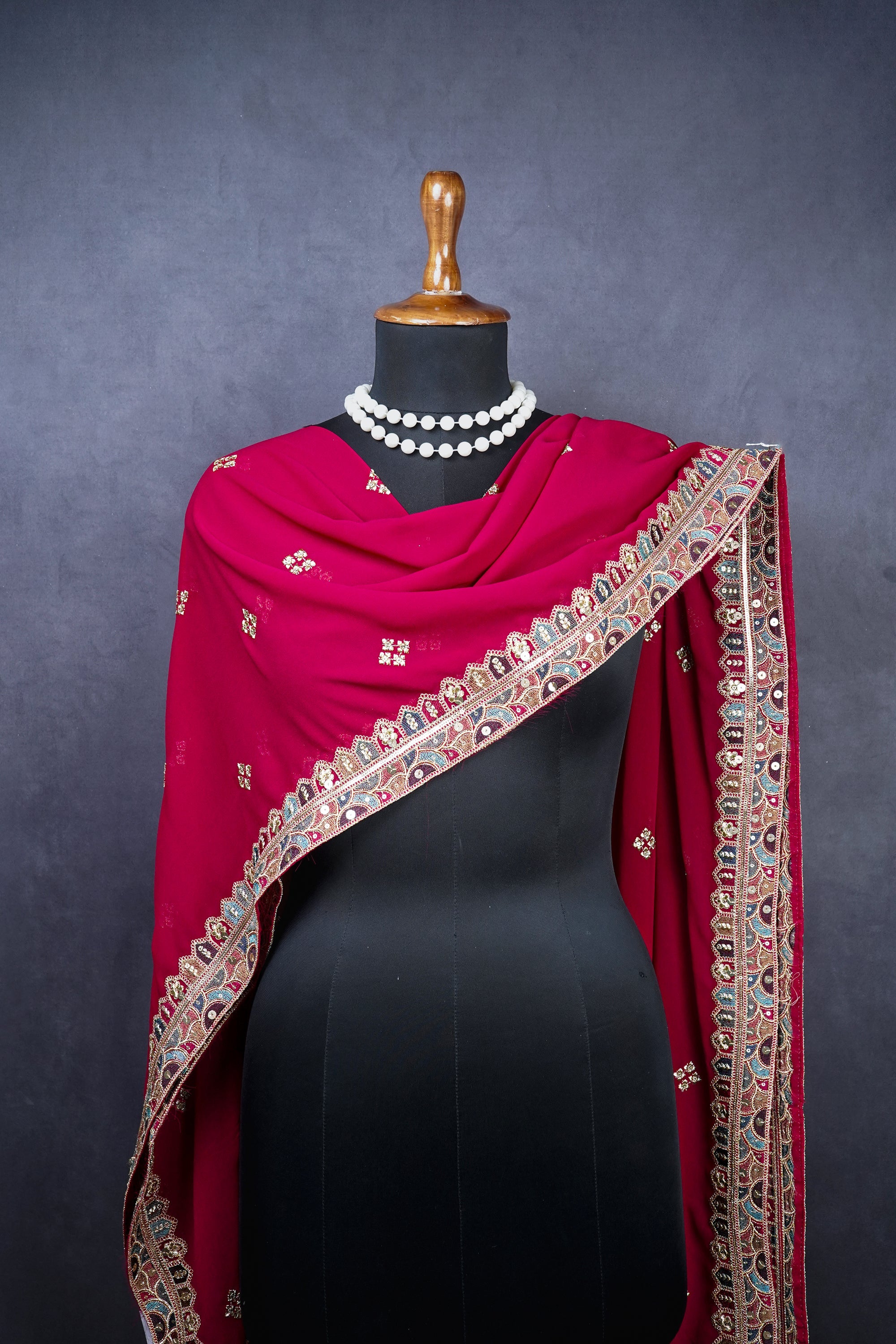 Dark Pink Georgette Dupatta With All Over Sequins And Zari Work 16698