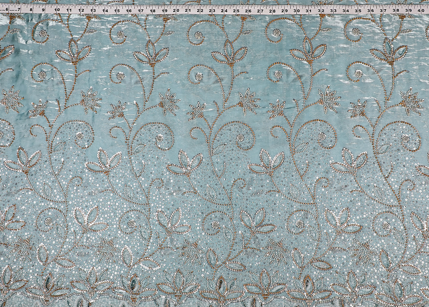 Powder Blue Imported Organza Satin Fabric with Allover Katdana, Sequins and Cutwork with One-Side Heavy Border 16708
