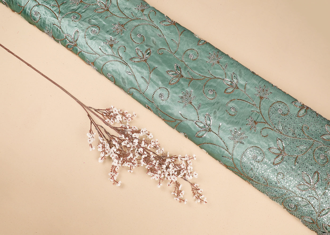 Pastel Green Imported Organza Satin Fabric with Allover Katdana, Sequins and Cutwork with One-Side Heavy Border 16711