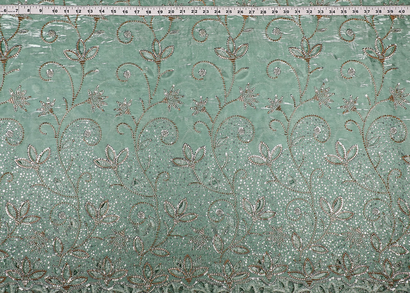 Pastel Green Imported Organza Satin Fabric with Allover Katdana, Sequins and Cutwork with One-Side Heavy Border 16711