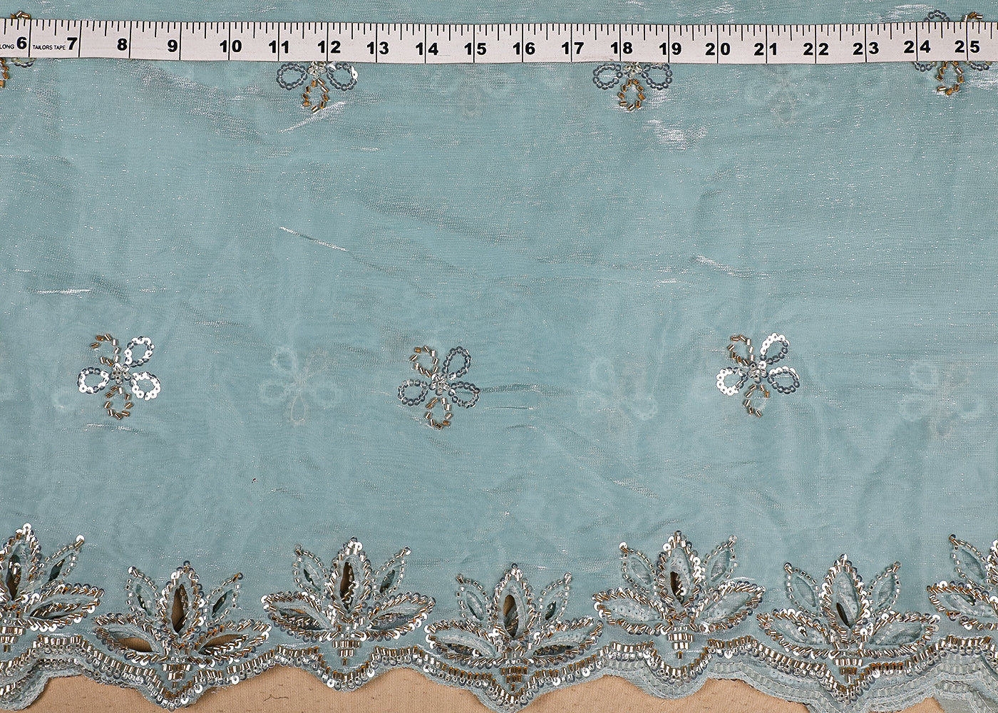 Powder Blue Imported Organza Satin Dupatta Fabric with Allover Katdana, Sequins and Cutwork with One-Side Heavy Border 16712