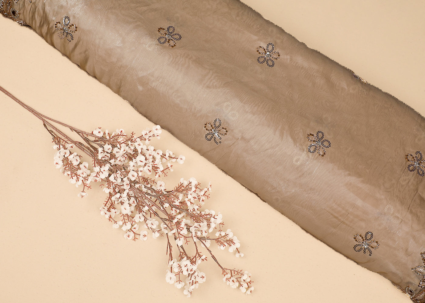 Chiku Imported Organza Satin Dupatta Fabric with Allover Katdana, Sequins and Cutwork with One-Side Heavy Border 16714