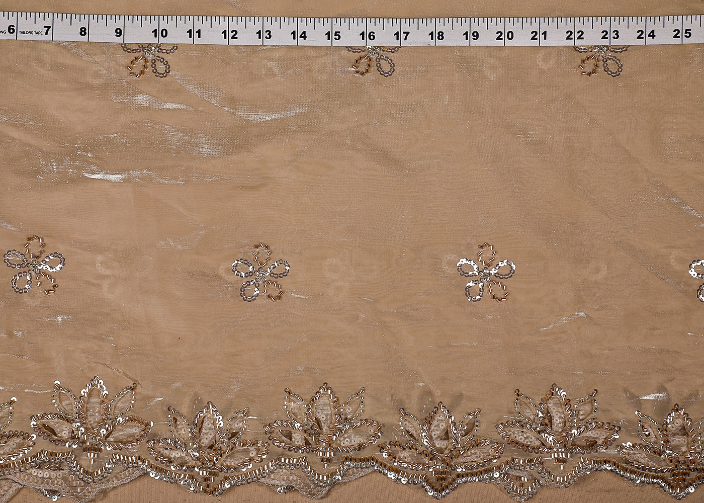 Chiku Imported Organza Satin Dupatta Fabric with Allover Katdana, Sequins and Cutwork with One-Side Heavy Border 16714