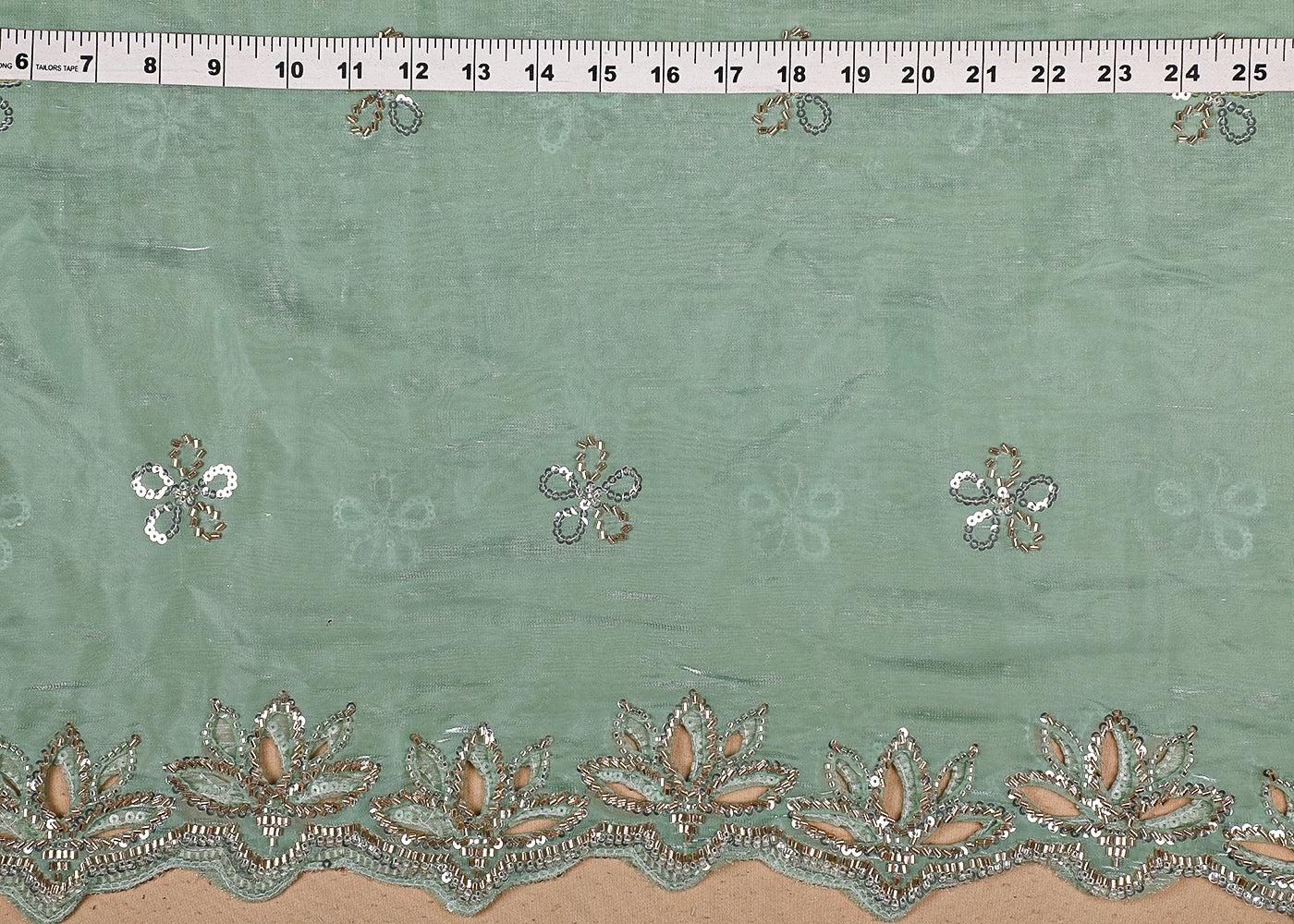 Pastel Green Imported Organza Satin Dupatta Fabric with Allover Katdana, Sequins and Cutwork with One-Side Heavy Border 16715