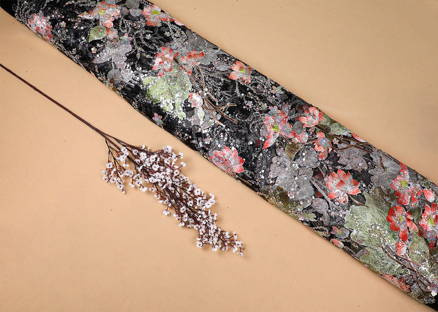 Black Imported Net Fabric With All Over Sequins And Thread Work 16717