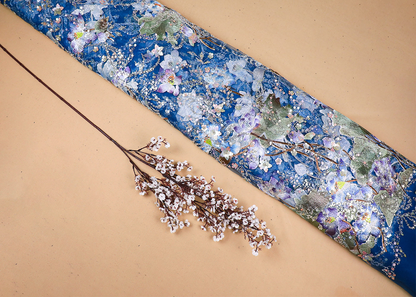 Blue Imported Net Fabric With All Over Sequins And Thread Work 16719