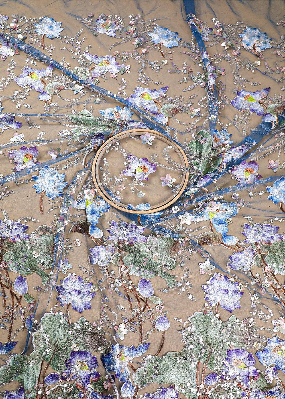 Blue Imported Net Fabric With All Over Sequins And Thread Work 16719