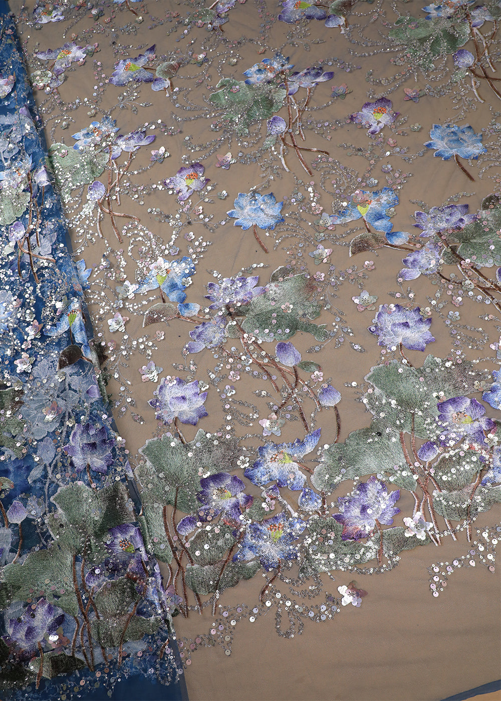 Blue Imported Net Fabric With All Over Sequins And Thread Work 16719