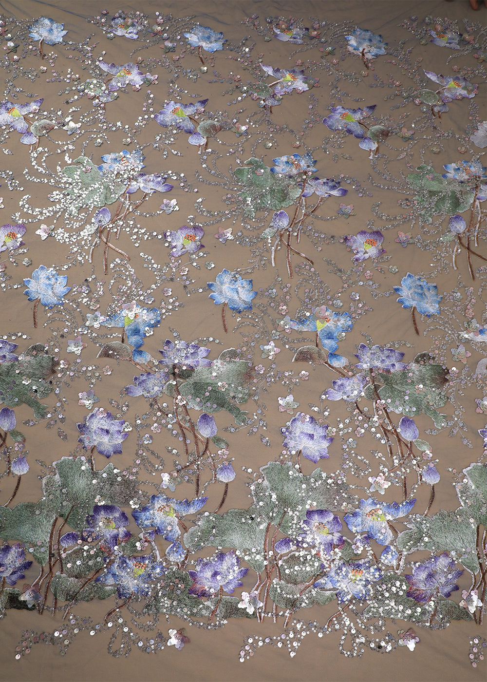 Blue Imported Net Fabric With All Over Sequins And Thread Work 16719
