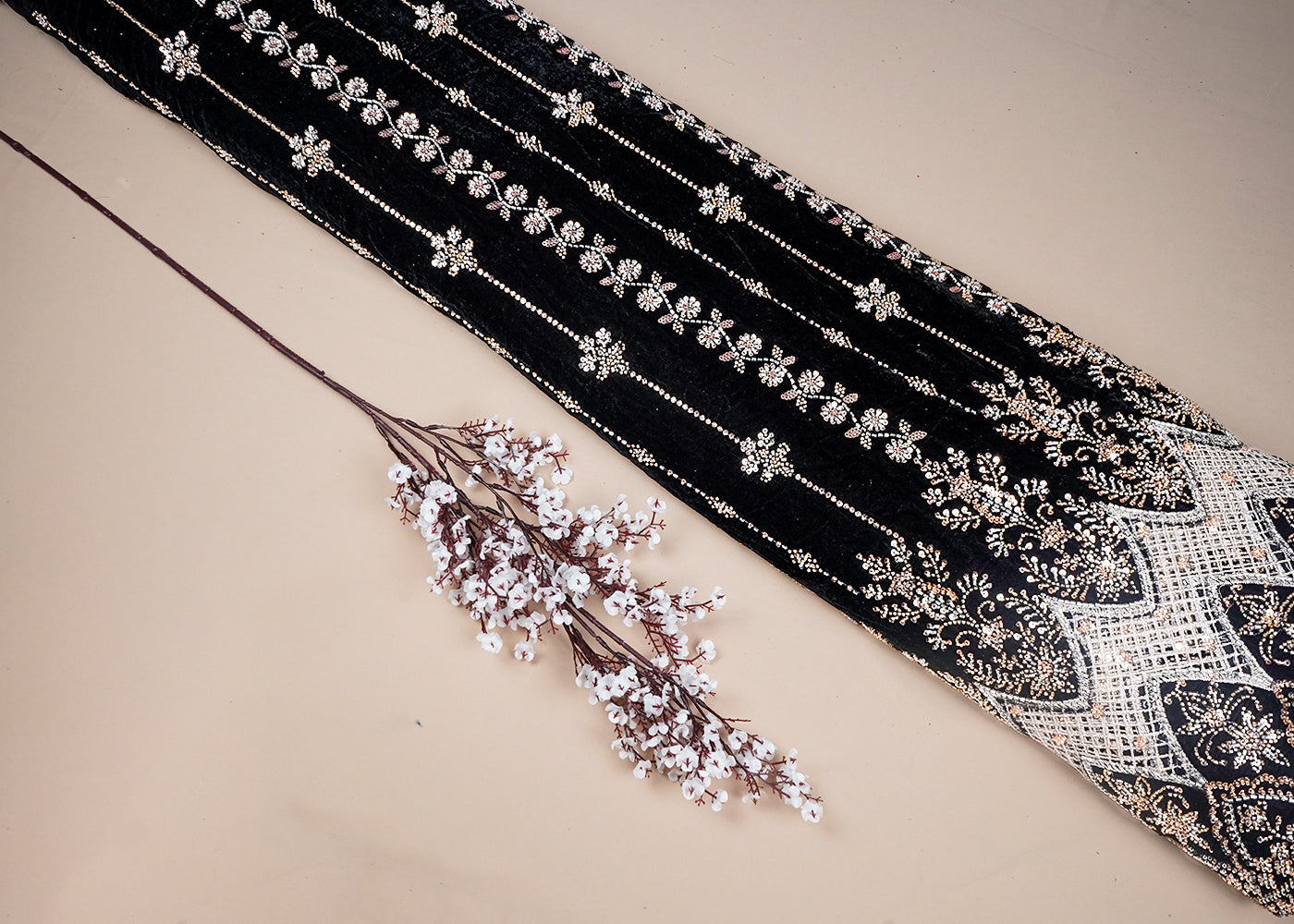Black Velvet Fabric With All Over Sequins, Bead And One Side Cutwork Border 16720