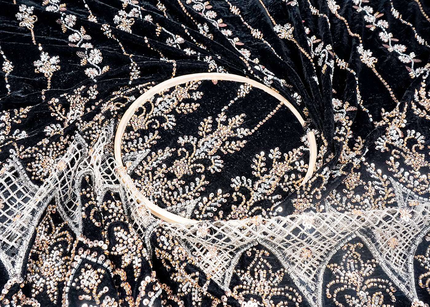 Black Velvet Fabric With All Over Sequins, Bead And One Side Cutwork Border 16720