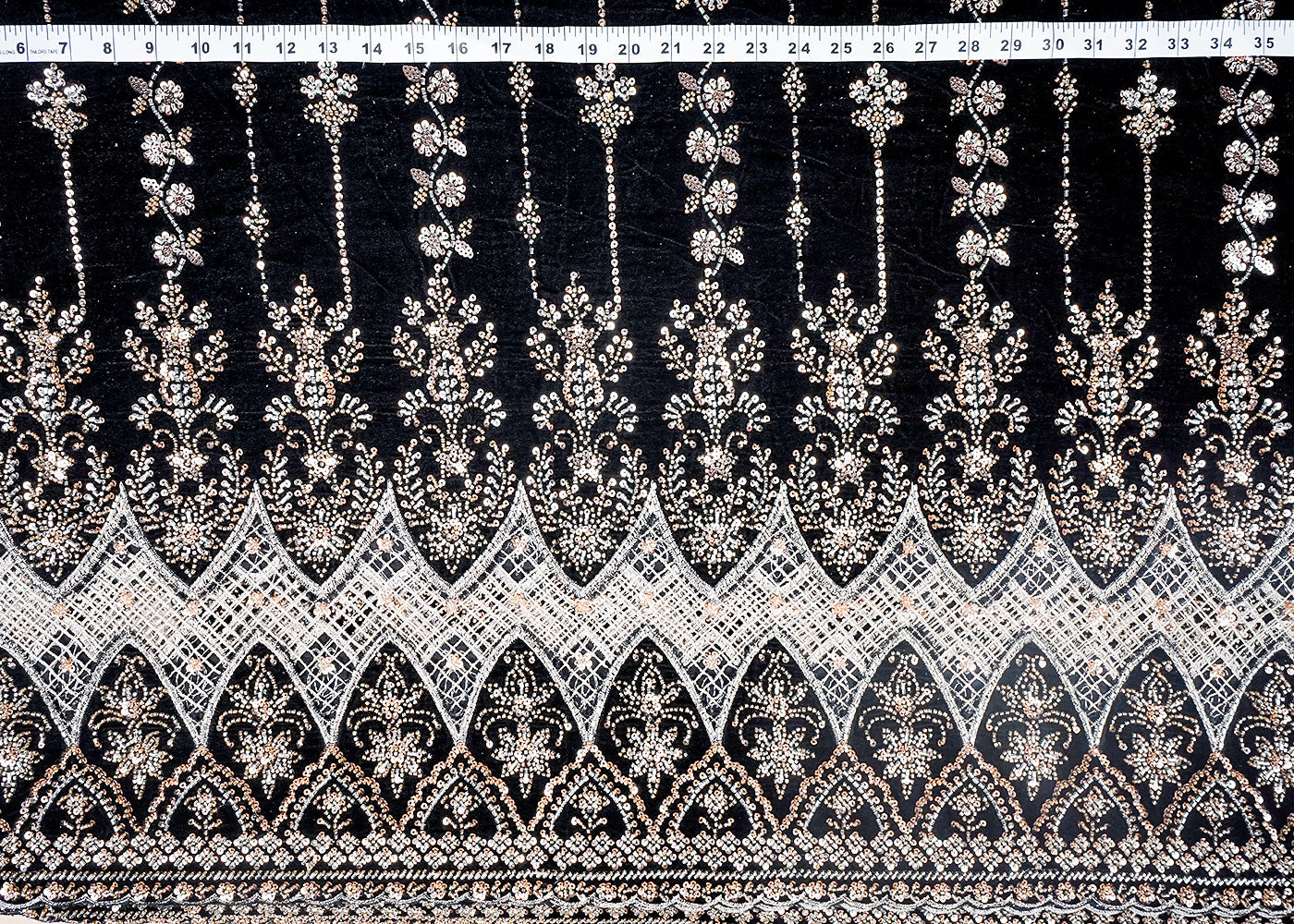 Black Velvet Fabric With All Over Sequins, Bead And One Side Cutwork Border 16720