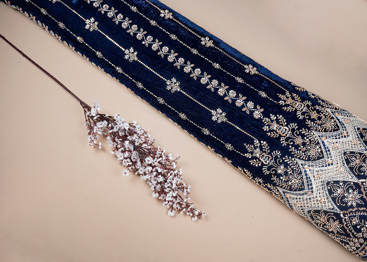Navy Blue Velvet Fabric With All Over Sequins, Bead And One Side Cutwork Border 16721
