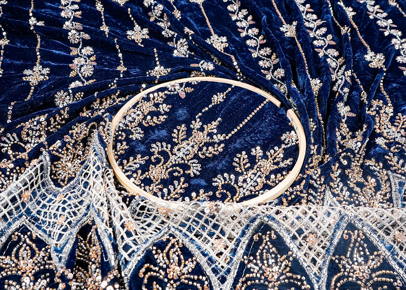 Navy Blue Velvet Fabric With All Over Sequins, Bead And One Side Cutwork Border 16721