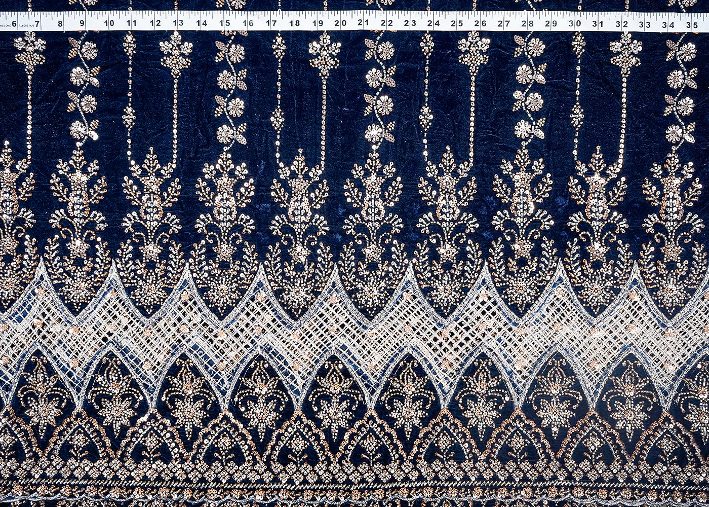 Navy Blue Velvet Fabric With All Over Sequins, Bead And One Side Cutwork Border 16721
