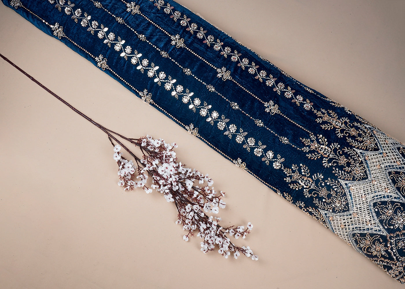 Teal Blue Velvet Fabric With All Over Sequins, Bead And One Side Cutwork Border 16722