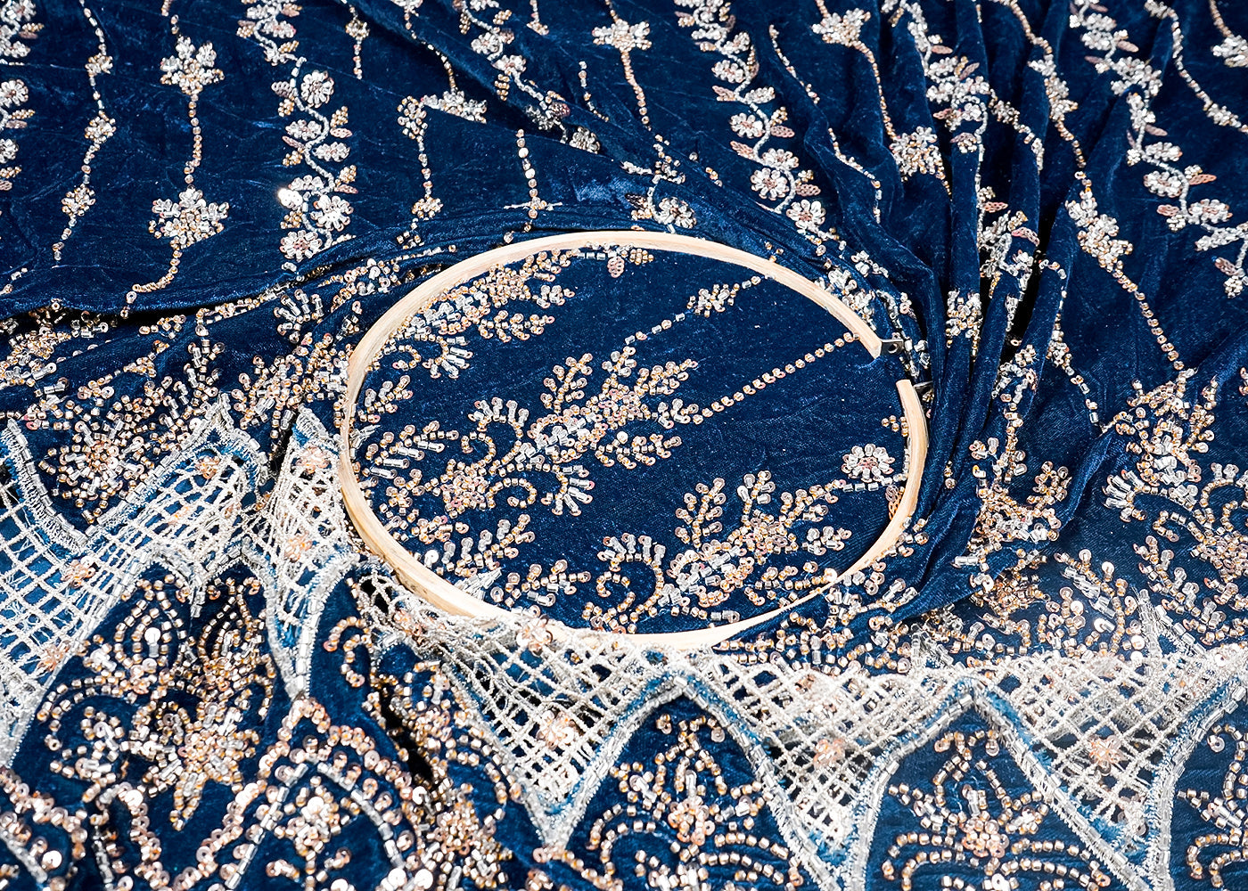 Teal Blue Velvet Fabric With All Over Sequins, Bead And One Side Cutwork Border 16722