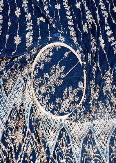 Teal Blue Velvet Fabric With All Over Sequins, Bead And One Side Cutwork Border 16722