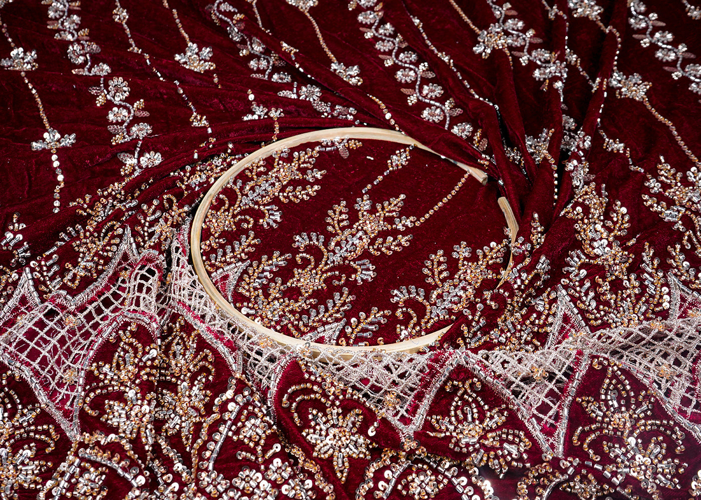 Maroon Velvet Fabric With All Over Sequins, Bead And One Side Cutwork Border 16723