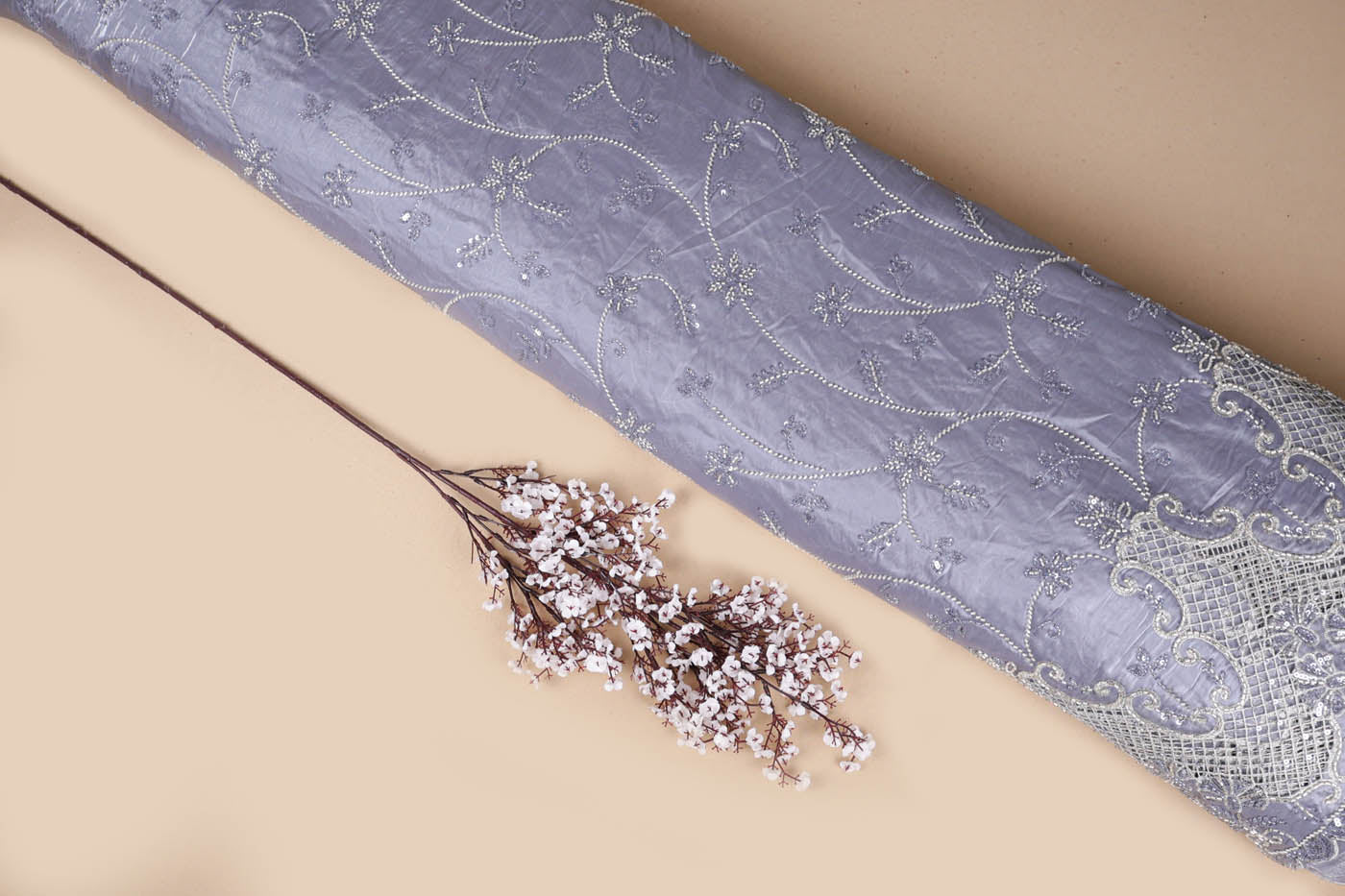 Grey Organza satin Fabric With All Over Bead, Katdana, Sequins, Zari And One Side Cutwork Border 16724