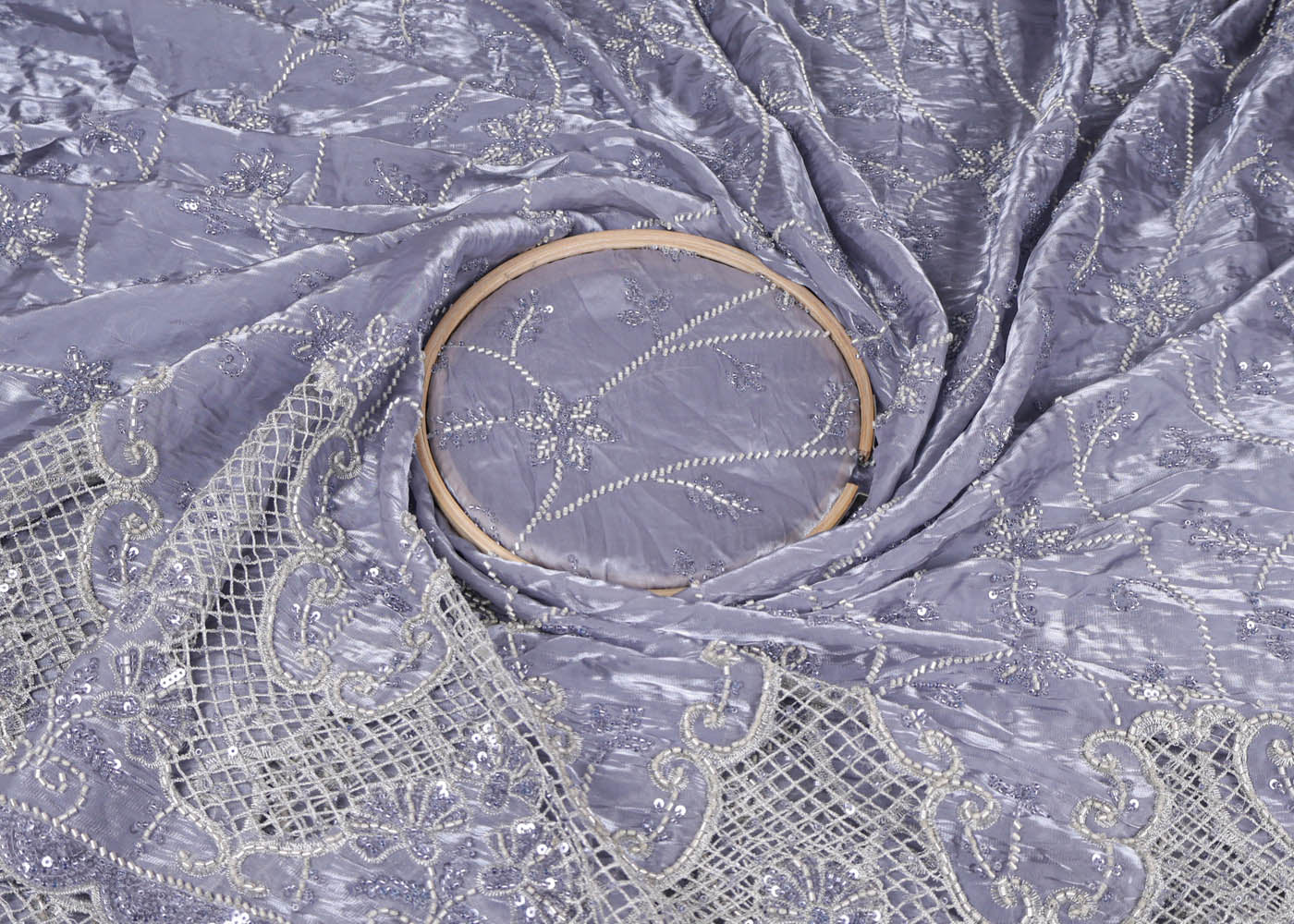 Grey Organza satin Fabric With All Over Bead, Katdana, Sequins, Zari And One Side Cutwork Border 16724