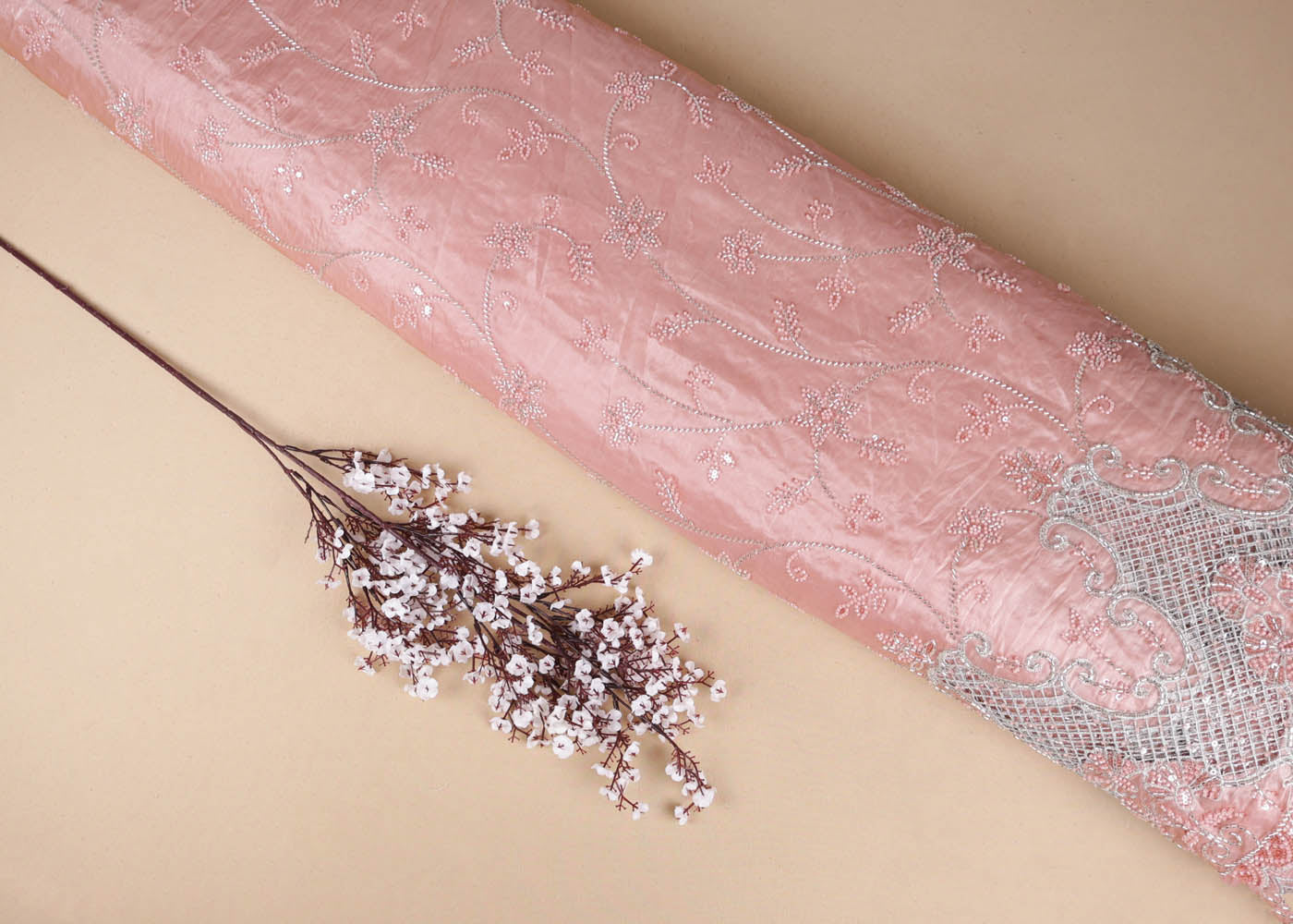 Pastel Pink Organza satin Fabric With All Over Bead, Katdana, Sequins, Zari And One Side Cutwork Border 16725