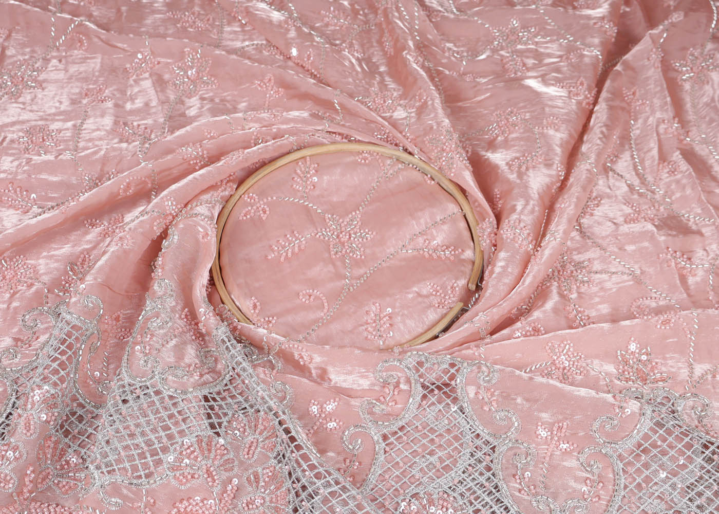 Pastel Pink Organza satin Fabric With All Over Bead, Katdana, Sequins, Zari And One Side Cutwork Border 16725