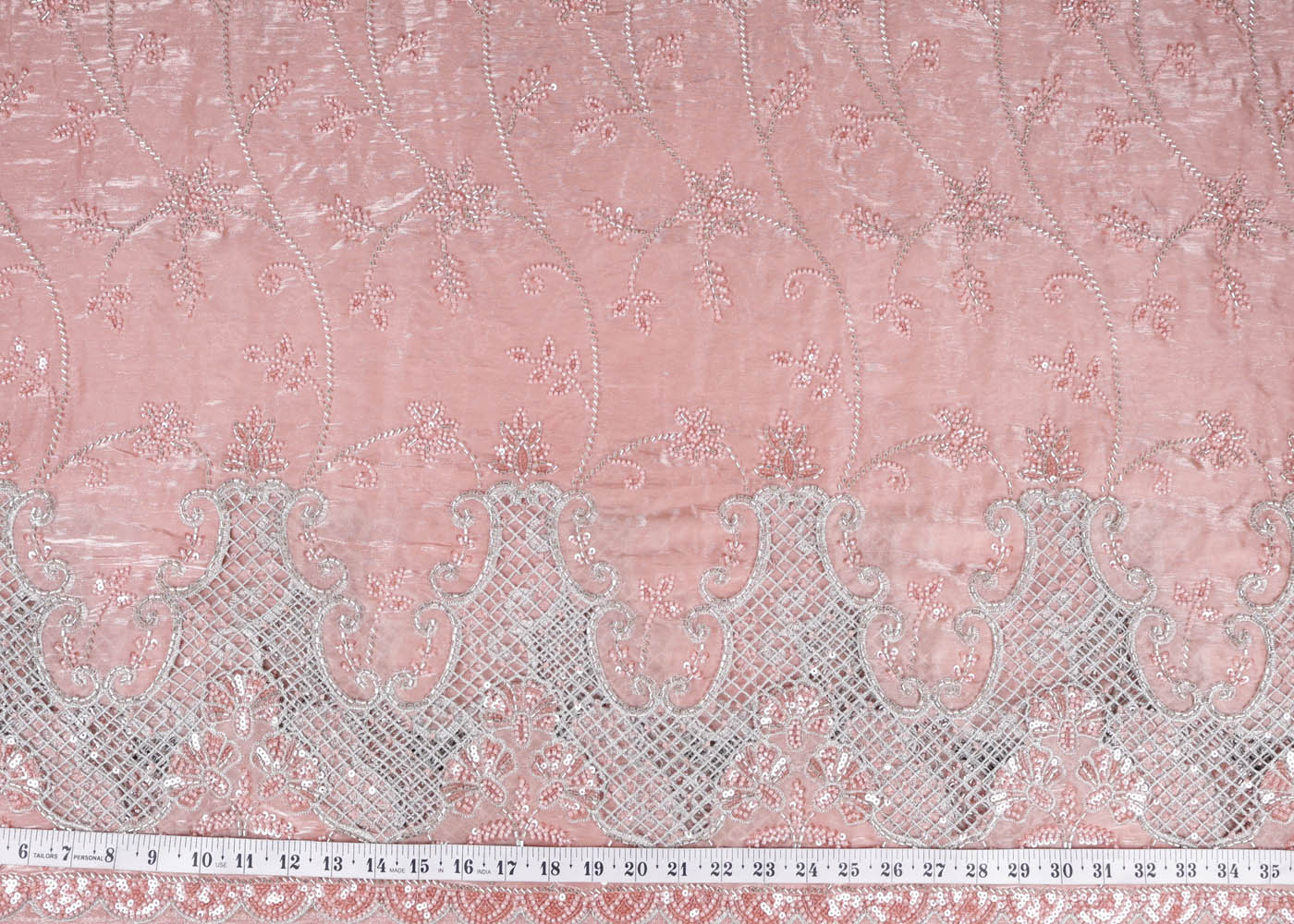 Pastel Pink Organza satin Fabric With All Over Bead, Katdana, Sequins, Zari And One Side Cutwork Border 16725