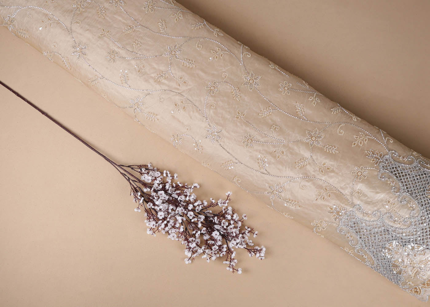Chiku Organza satin Fabric With All Over Bead, Katdana, Sequins, Zari And One Side Cutwork Border 16726