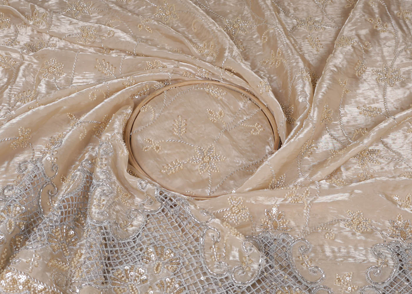 Chiku Organza satin Fabric With All Over Bead, Katdana, Sequins, Zari And One Side Cutwork Border 16726
