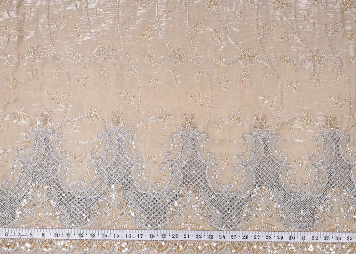 Chiku Organza satin Fabric With All Over Bead, Katdana, Sequins, Zari And One Side Cutwork Border 16726