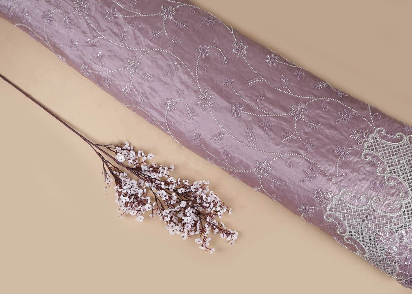 Onion Organza satin Fabric With All Over Bead, Katdana, Sequins, Zari And One Side Cutwork Border 16727