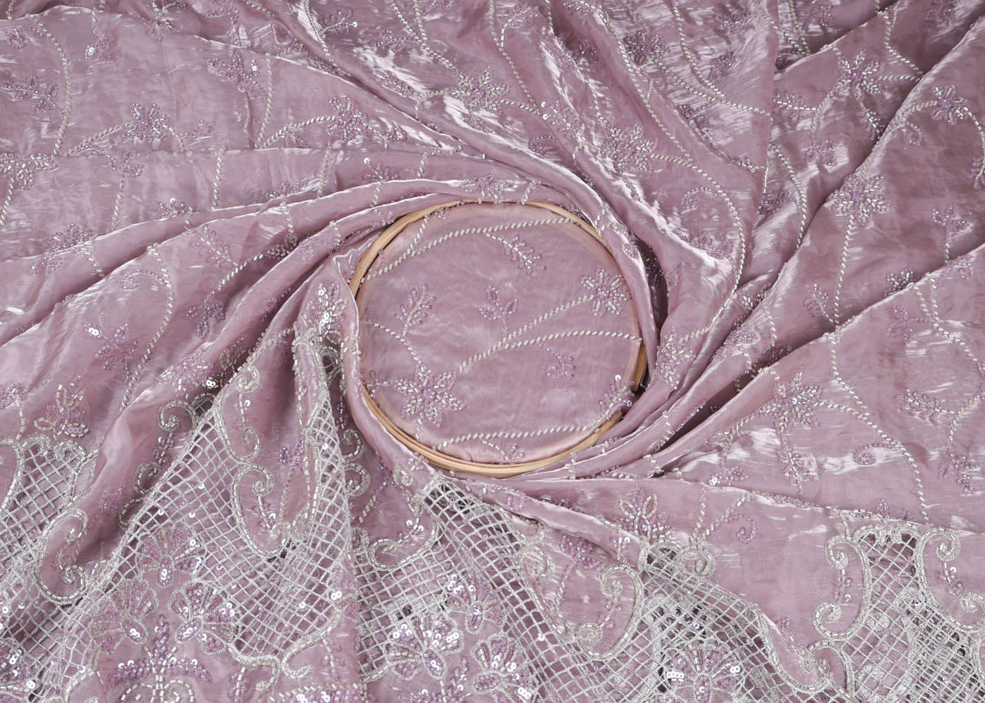 Onion Organza satin Fabric With All Over Bead, Katdana, Sequins, Zari And One Side Cutwork Border 16727