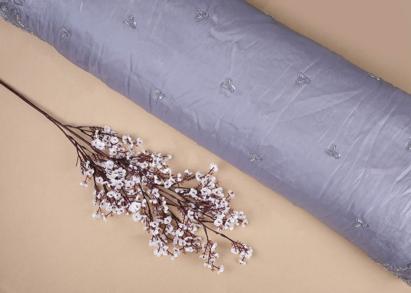 Grey Organza satin Dupatta Fabric With All Over Bead, Katdana, Sequins And Two Side Scalloped Border 16728