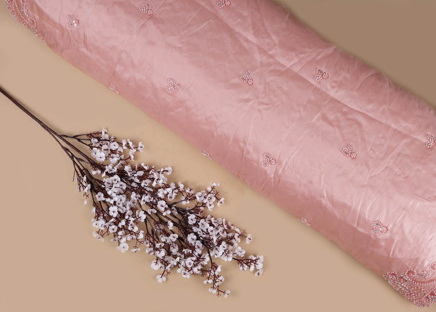 Pastel Pink Organza satin Dupatta Fabric With All Over Bead, Katdana, Sequins And Two Side Scalloped Border 16729
