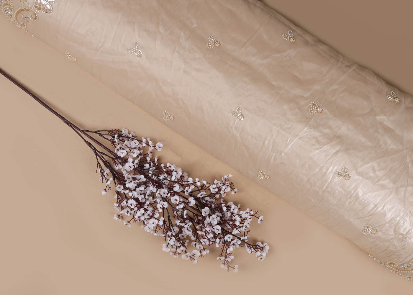 Chiku Organza satin Dupatta Fabric With All Over Bead, Katdana, Sequins And Two Side Scalloped Border 16730