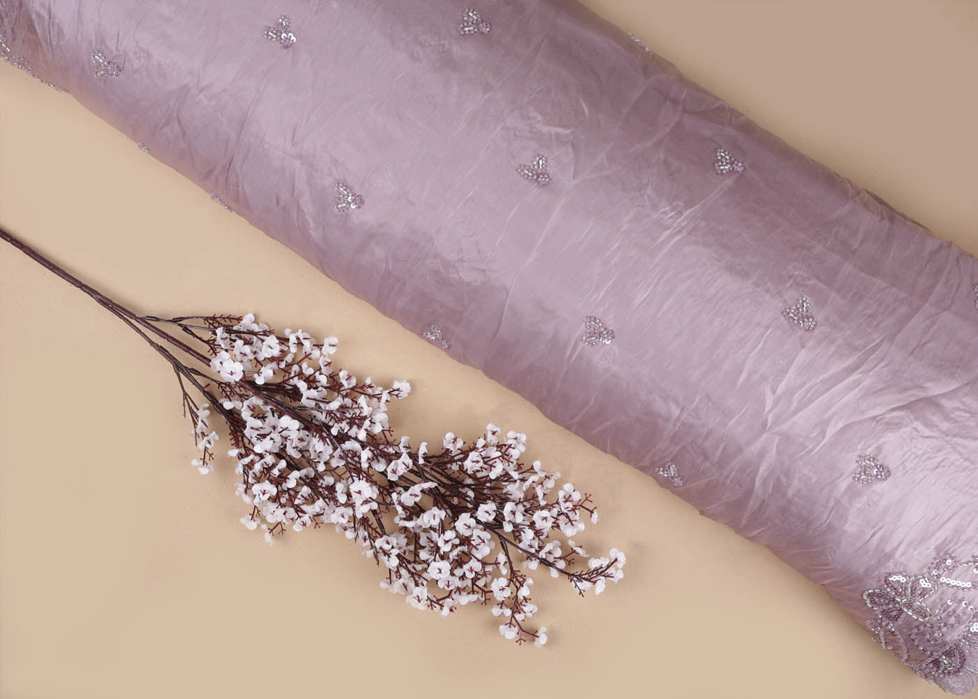 Onion Organza satin Dupatta Fabric With All Over Bead, Katdana, Sequins And Two Side Scalloped Border 16731