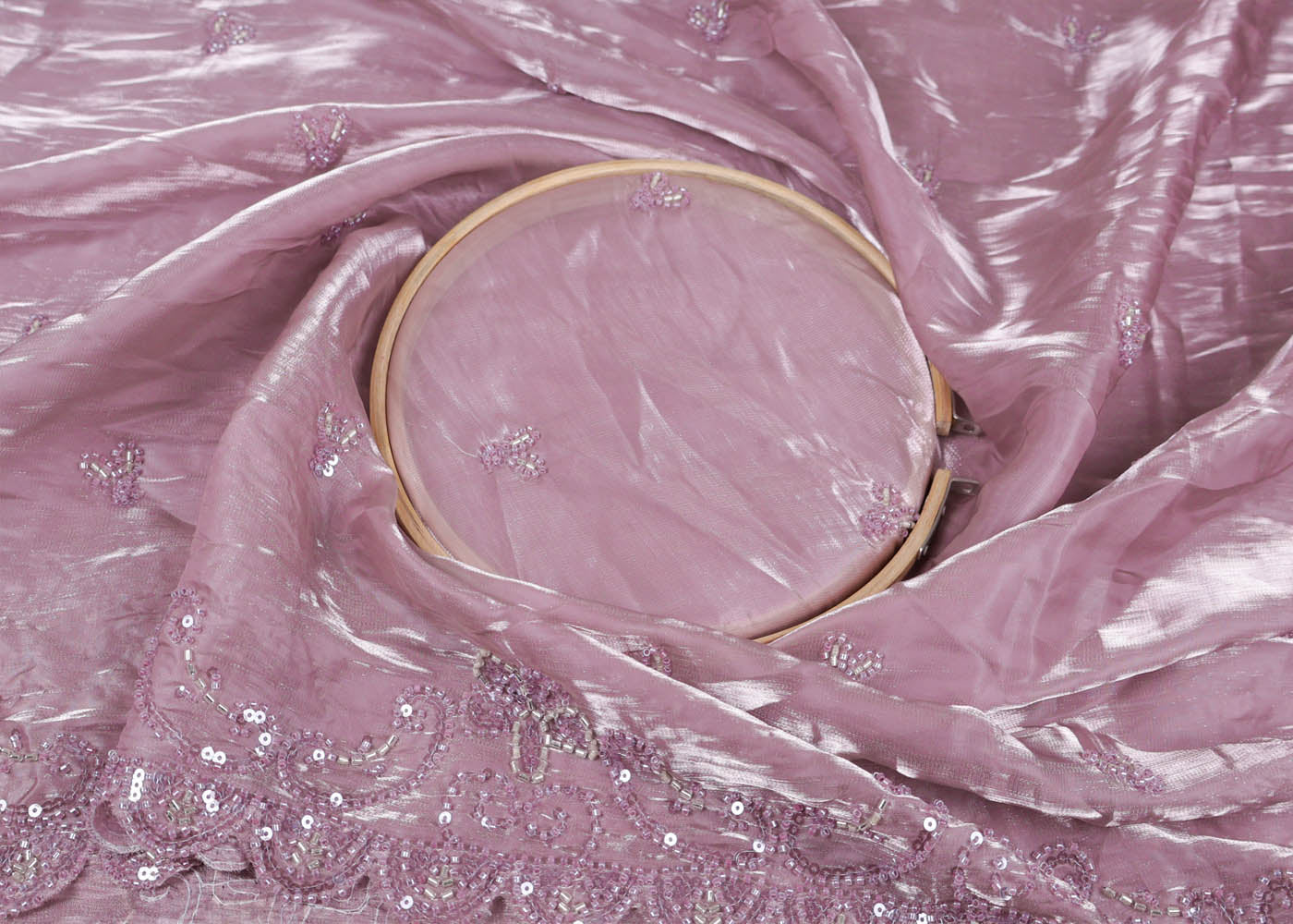 Onion Organza satin Dupatta Fabric With All Over Bead, Katdana, Sequins And Two Side Scalloped Border 16731