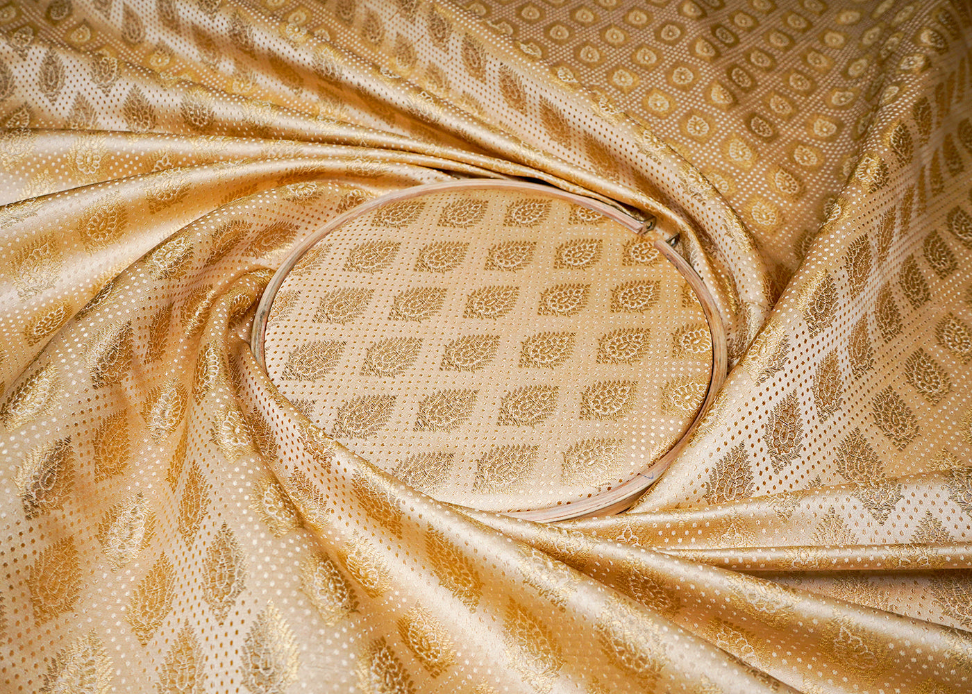 White Banarasi Brocade Fabric With All Over Golden Zari Handloom 16733