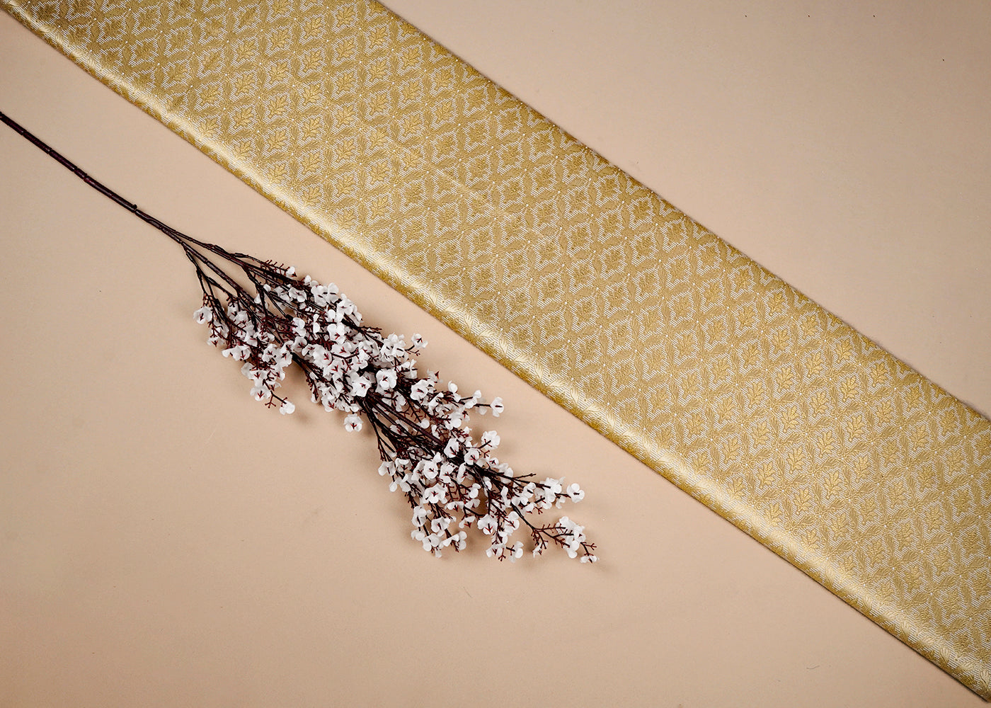 White Banarasi Brocade Fabric With All Over Golden Zari Handloom 16734