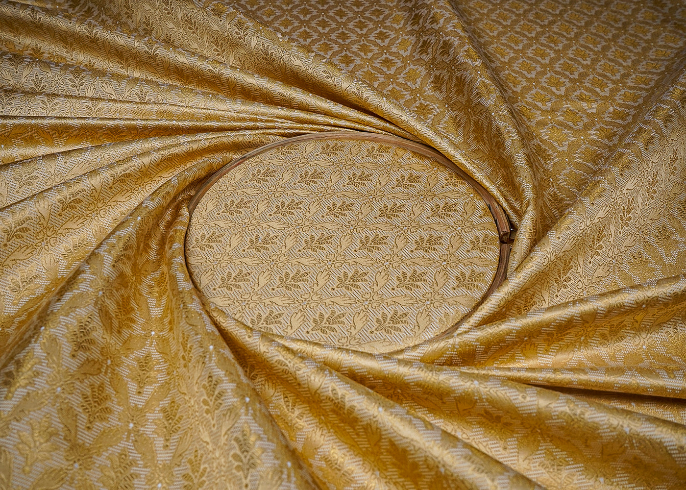 White Banarasi Brocade Fabric With All Over Golden Zari Handloom 16734