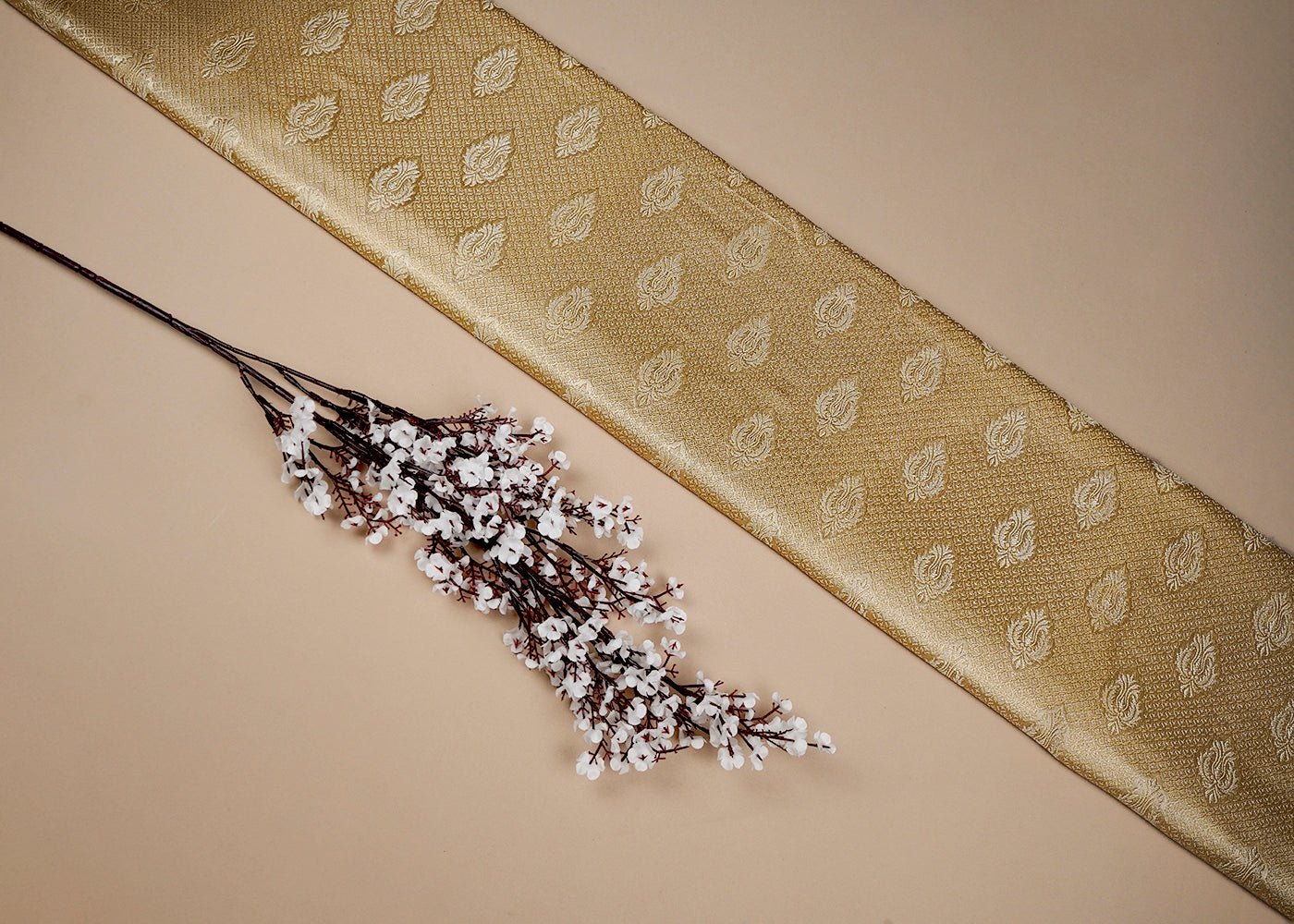 White Banarasi Brocade Fabric With All Over Golden Zari Handloom 16735
