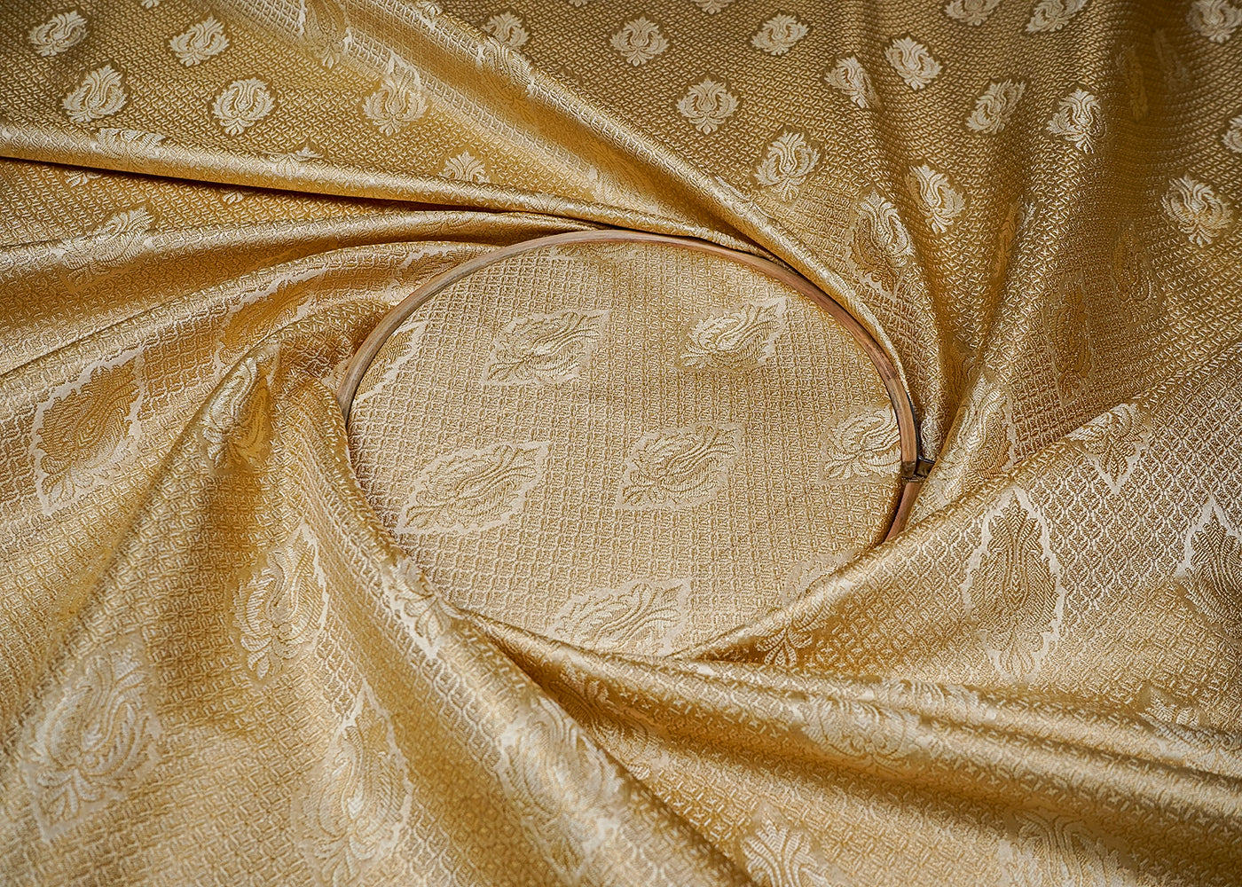 White Banarasi Brocade Fabric With All Over Golden Zari Handloom 16735