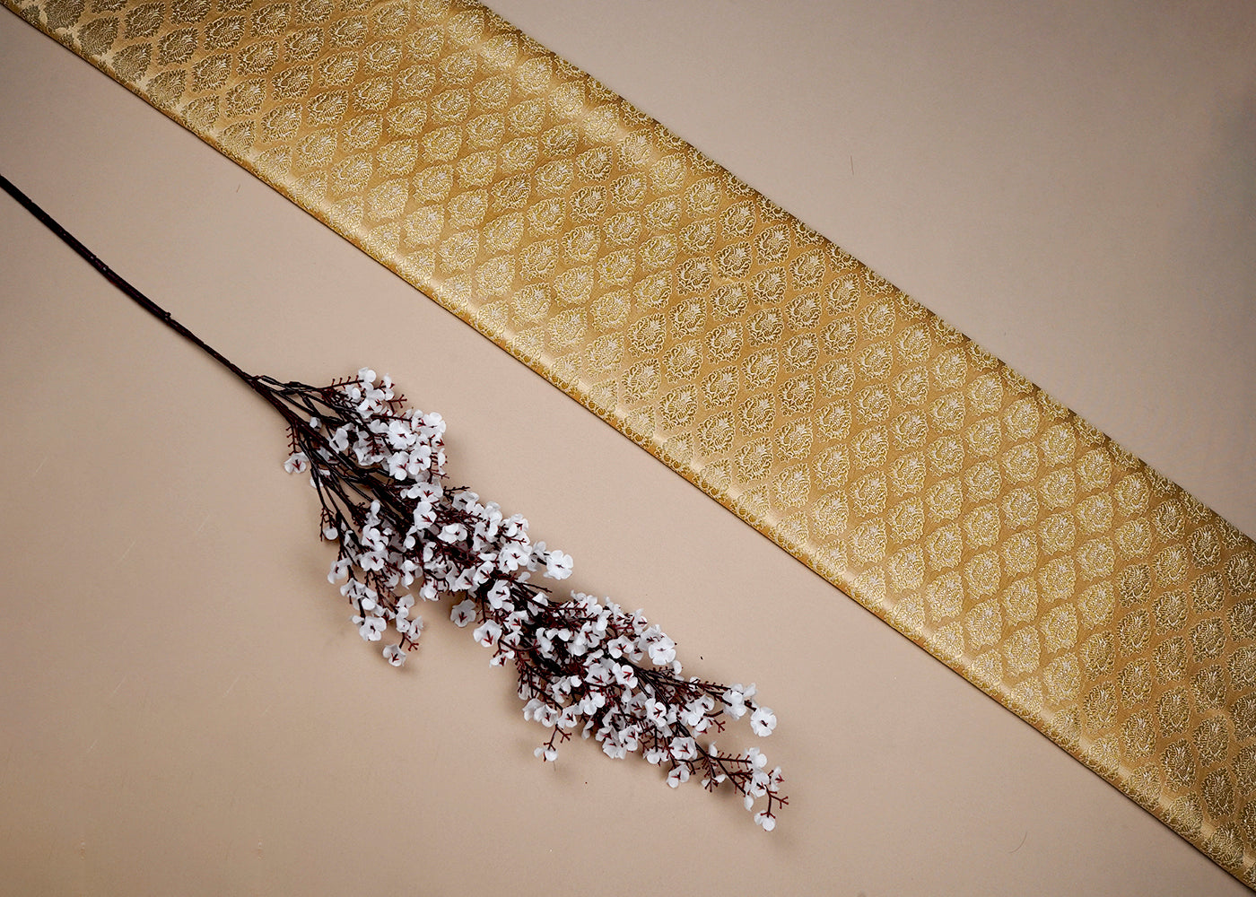 White Banarasi Brocade Fabric With All Over Golden Zari Handloom 16736