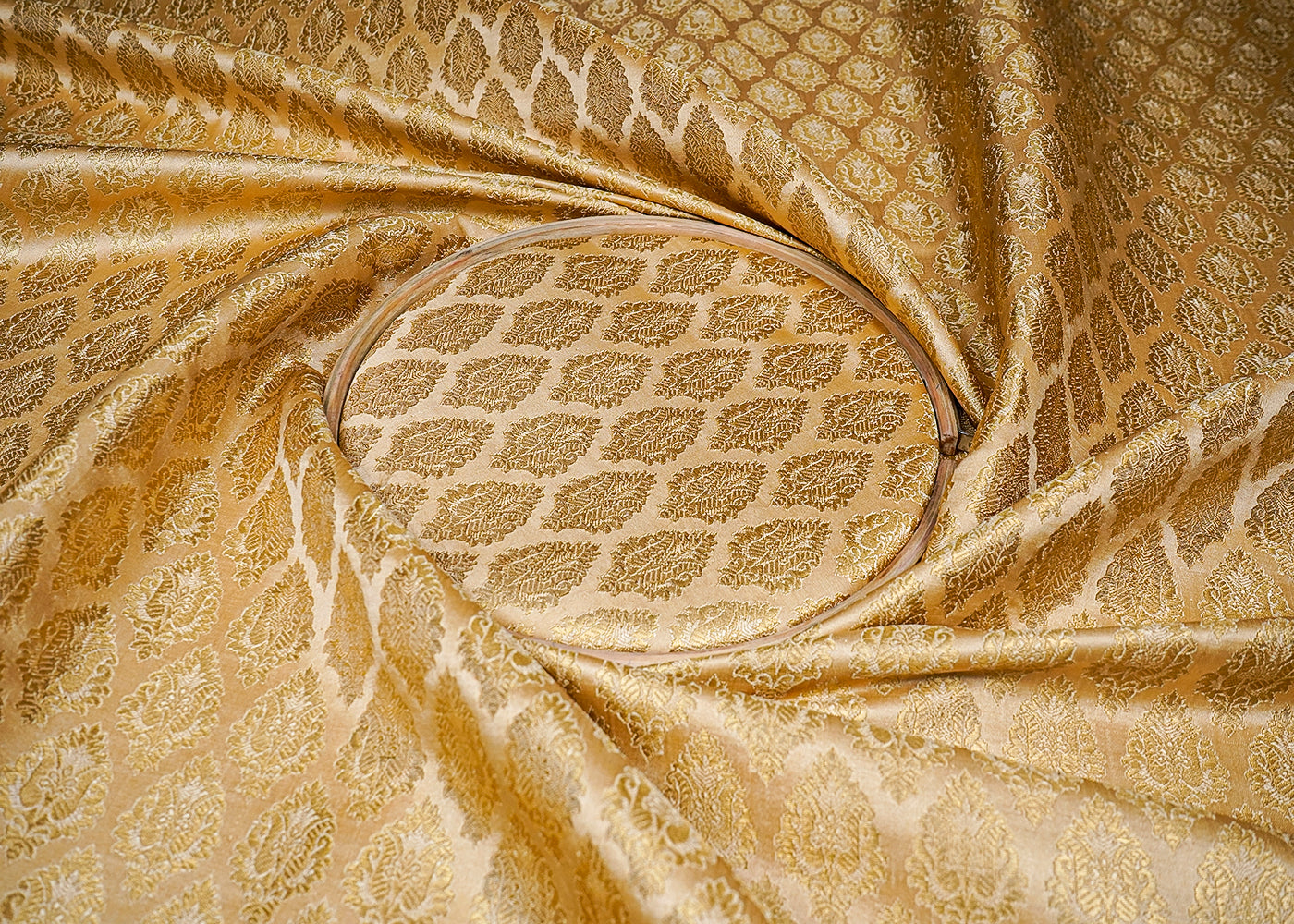 White Banarasi Brocade Fabric With All Over Golden Zari Handloom 16736